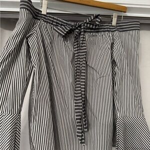 LOFT Dark Grey & White Striped Off the Shoulder Long Sleeve Cotton Blouse, XS